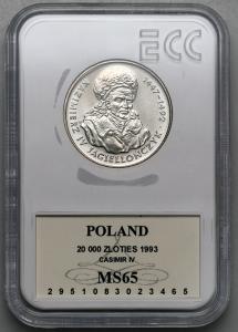 4791. 20.000 zł 1993 Jagiellończyk - GCN MS65