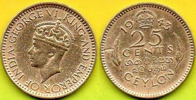CEYLON  25  Cents 1943 r.