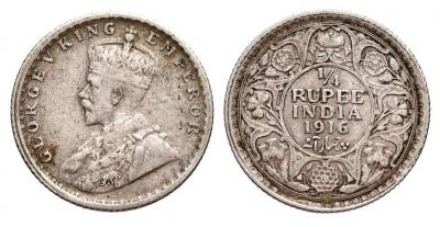 1488. Indie, 1/4 rupii 1916, st.3/3+