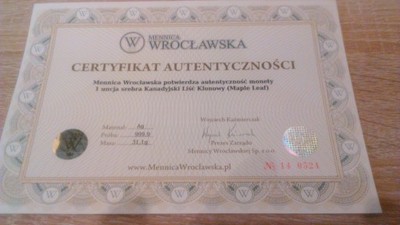 Certyfikat autentyczności mennica wrocławska liść