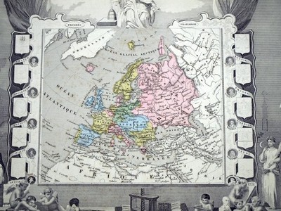 Europa .Levasseur, 1856, mapa kolorowana, stan bdb