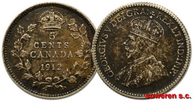 38.CANADA, JERZY V, 5 CENTÓW 1912