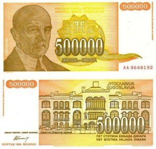 JUGOSŁAWIA 500000 dinarów 1994 AA P-143   UNC