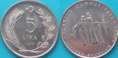 Turcja 5 lirów, 1977r. KM 911 FAO RAR