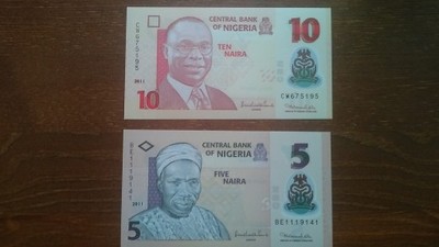 Nigeria banknoty 5 i 10 Naira, Polimer, stan UNC