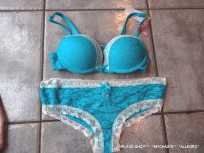 PRIMARK KOMPLET PUSH UP TEAL WHITE LACE 75A 38/40