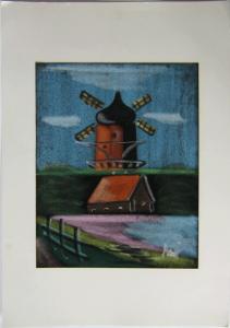 Pejzaż  z wiatrakiem - pastel malowany na welurze