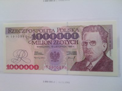 Polskie  Banknoty Obiegowe 1000000zł 1993r UNC