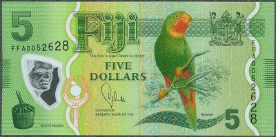 Fidżi - 5 dolarów 2013 nowa seria * papuga polimer