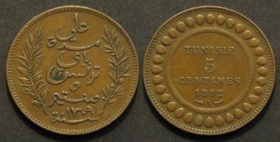 TUNEZJA, 5 centimes 1892 A