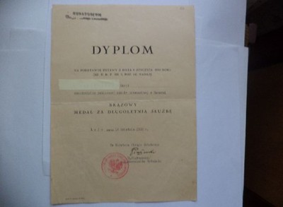 Dyplom Nadania Brąz.Med. Za Dług.Sł.- Lwów 1938r.