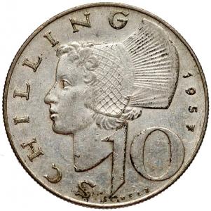 1510. Austria, 10 szylingów 1957, st.3+ srebro
