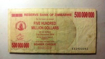 x.Zimbabwe 500 000 000 Dolarow 2008 P.60 St.3-/4+