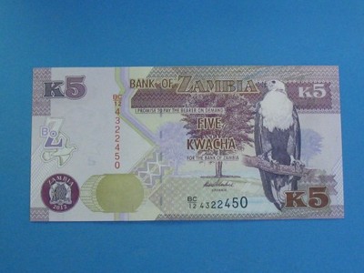 Zambia Banknot 5 Kwacha 2012 stan UNC P-50