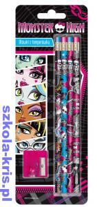 Monster High Ołówek z gumką 4 szt. + temperówka