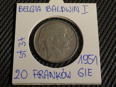 20 Franków 1951 GIE BELGIA Baldwin I stan 3+ BCM