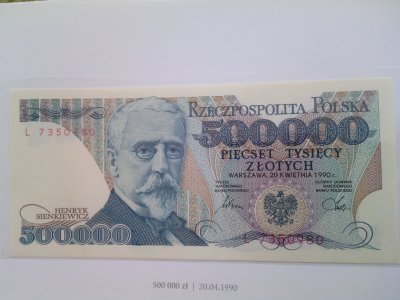 Polskie  Banknoty Obiegowe 500000 zł 1990r UNC