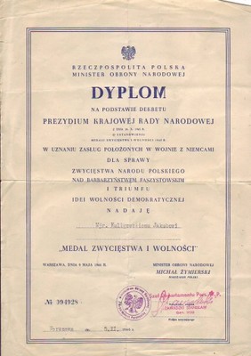 Dyplom MEDAL ZWYCIĘSTWA I WOLNOŚCI /1946