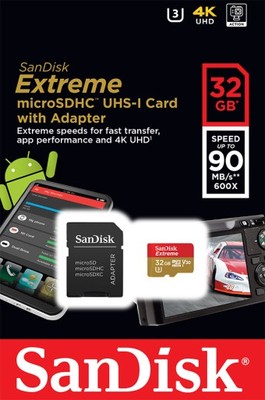 SANDISK 32GB micro SD SDHC C10 UHS-3 EXTREME 90MBs