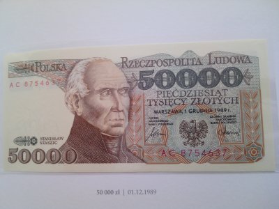Polskie  Banknoty Obiegowe 50000zł 1989r UNC