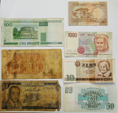 Zestaw banknotów ruble,marki,liry,dirhamy,funty