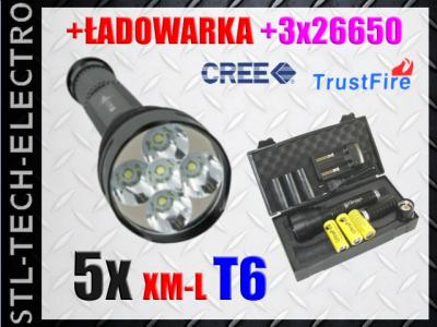 LATARKA LED CREE 5x XM-L T6 +ŁADOWARKA +3x26650