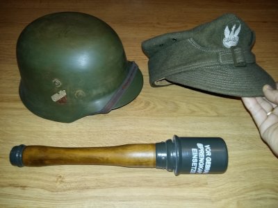 Hełm M35 powstaniec, rogatywka wz37,granat repliki - 6575915787 - oficjalne  archiwum Allegro