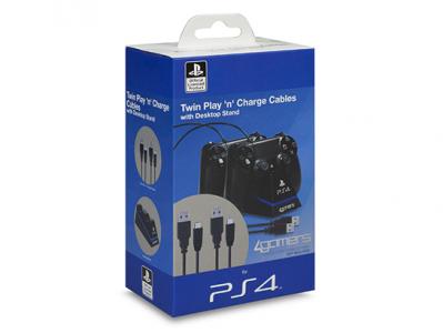 4GAMERS PS4 TWIN PLAY 'N' CHARGE CABLES + STAND