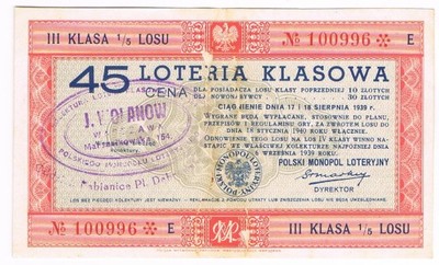 Kupon loteryjny 10 zł 1939r