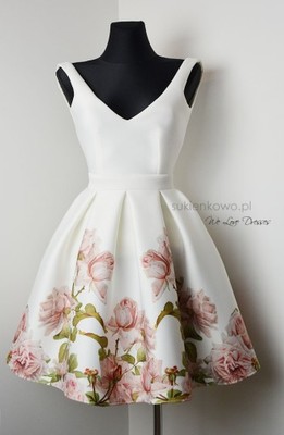sukienka rozkloszowana ecru w kwiaty róże XS S - 6882874089 - oficjalne  archiwum Allegro