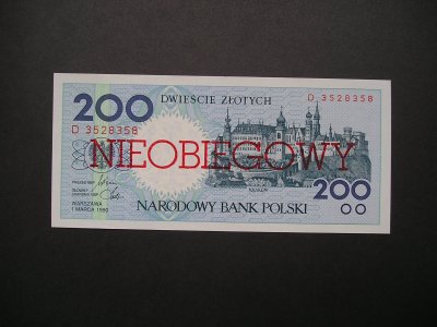 Polska 200 złotych 1990 r. UNC  NIEOBIEGOWY Kraków