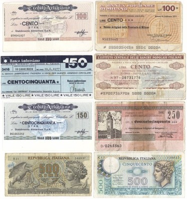 3589. Włochy Zestaw banknotów i czeków (8szt)