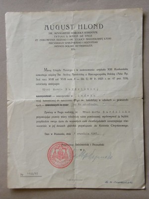 Abp. W. Dymek - podpis, pieczęć - dokument z 1945r