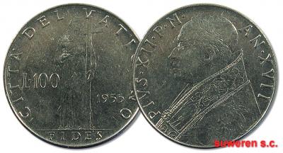 33.WATYKAN, PIUS XII, 100 LIRÓW 1955