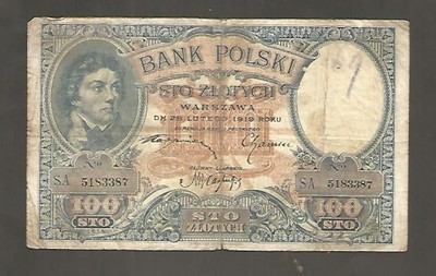 Banknot  100 złotych  28 lutego 1919 r.   ser S.A.