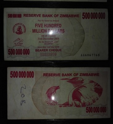 Zimbabwe 500 000 000 Dolarów P-60 2008  AA