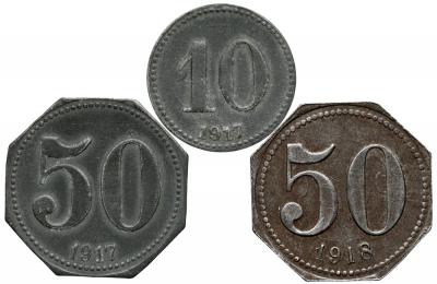 1602. Gubin, 1917 - 10 i 50pf Zn, rok 1918 50pf Fe