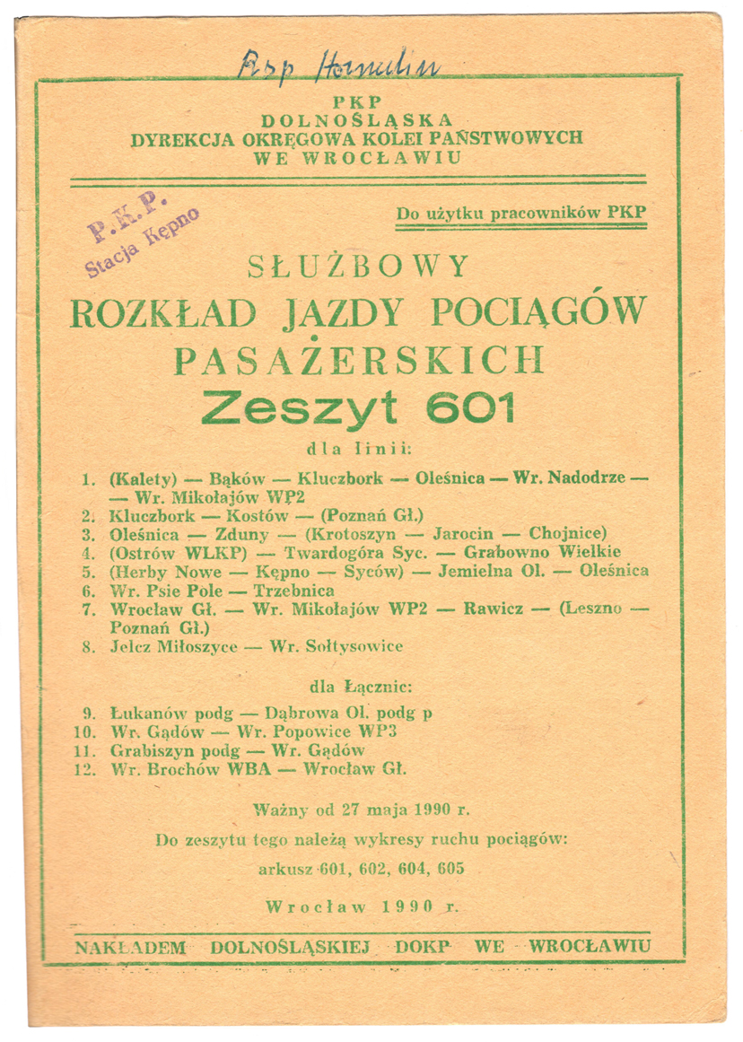 Służbowy rozkład jazdy pociągów PKP Wrocław 1990 - 7029484146 - oficjalne  archiwum Allegro
