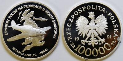 Polska III RP 100000 ZŁ Ag BITWA O ANGLIĘ mennicza