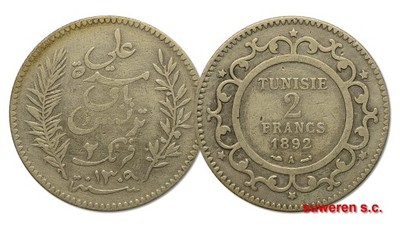 7.TUNEZJA, 2 FRANKI 1892 A