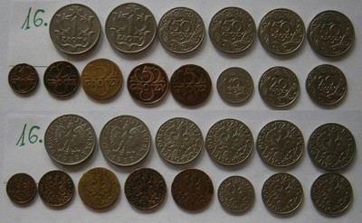 1 , 2 , 5 , 10, 20 , 50 gr 1 zł z lat 1923 do 1938