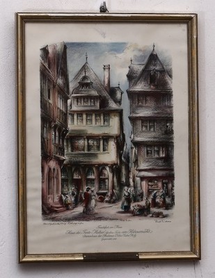 Scena uliczna Frankfurt, litografia z tabliczką