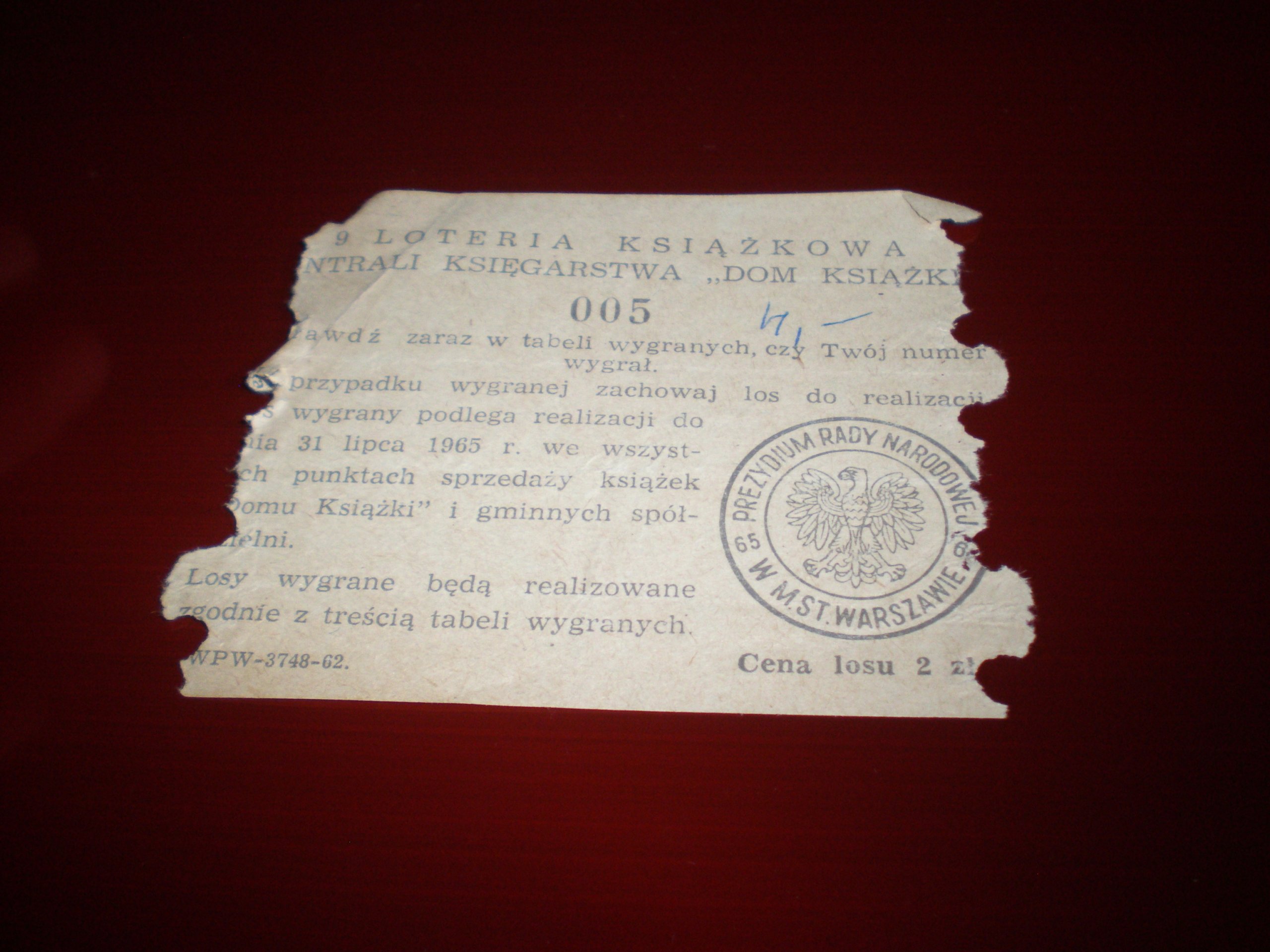 kupon z 1965 - loteria Domu Książki - Warszawa !!!
