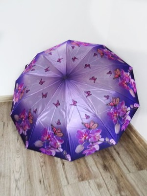 Parasol półautomat fioletowa kwiaty, motyle