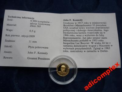 Numizmat Najwięksi Prezydenci USA Kennedy Złoto