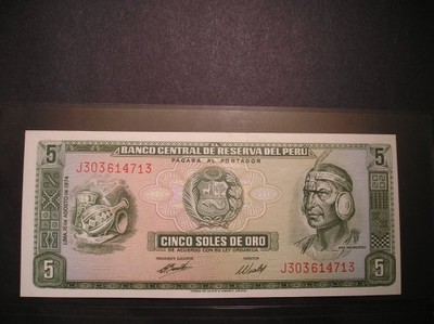 Peru - 5 soles de oro - 1974 - stan bankowy UNC