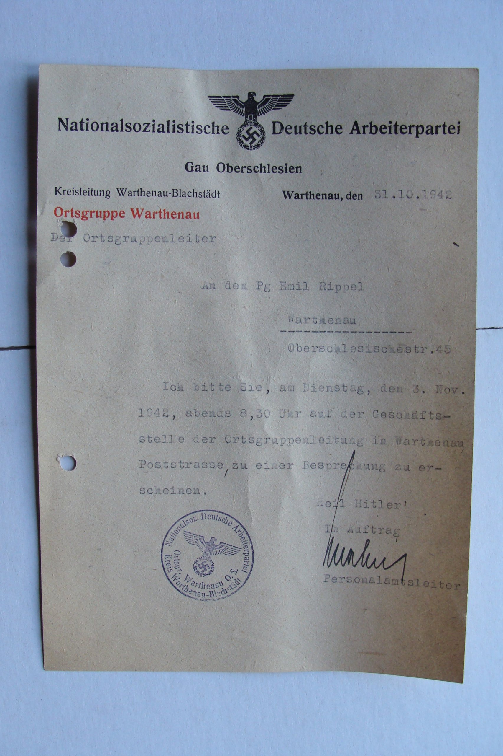 WARTHENAU ZAWIERCIE stary DOKUMENT NSDAP 1942 7027832640 oficjalne archiwum Allegro
